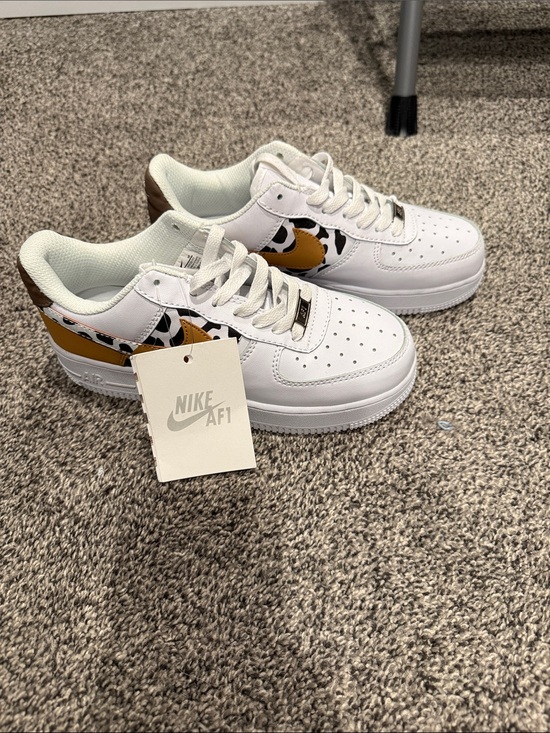 Nike Shoes - Nike Air Force 1 Low White with Mustard and Brown Cow Print Swoosh